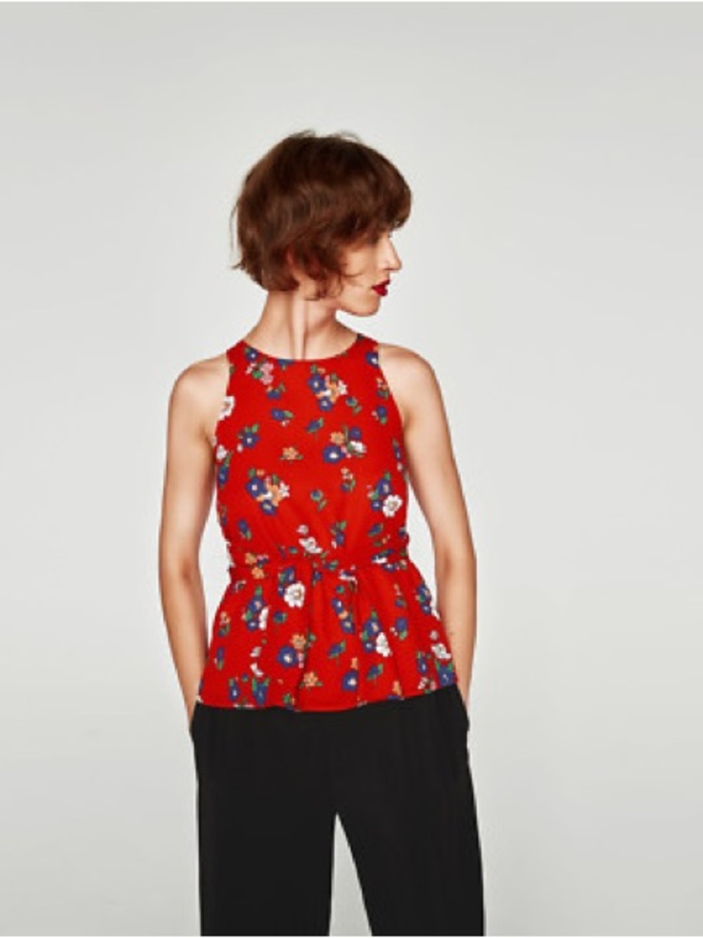 Zara Trafaluc Red Floral Sleeveless Top, medium